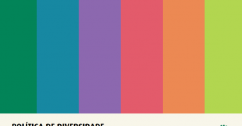 Trata-se da capa Política de Diversidade e Inclusão da Fundação Tide Setubal. A imagem contém listras verticais nas cores verde, azul, roxo, magenta, laranja e verde-limão. Há um rodapé com o título da publicação (à esquerda) e o logo da Fundação (à direita).