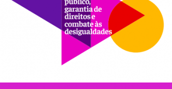 Capa da publicação com os artigos selecionados no o I Prêmio Orçamento Público, Garantia de Direitos e Combate às Desigualdades. A imagem é composta pelo logo da premiação, que traz o seu nome e contém formas geométricas - triângulos e uma esfera - nas tonalidades roxo, rosa, vermelho e amarelo, e um rodapé na cor rosa com o título da láurea.