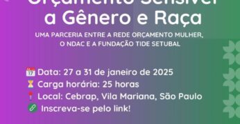 o card tem, da esquerda para a direita, variação cromática da cor lilás para o verde, com versões estilizadas do logo do Cebrap nas bordas laterais. Aparecem ao centro as mensagens "Curso Orçamento Sensível a Gênero e Raça - Uma parceria entre a Rede Orçamento Mulher, o NDAC e a Fundação Tide Setubal", assim como informações de serviço. Data: 27 a 31 de janeiro de 2025; carga horária: 25 horas; local: Cebrap, Vila Mariana, São Paulo. Há também a informação "inscreva-se pelo link!" (https://lnkd.in/eh6WQAkD). O rodapé contém uma caixa na cor branca com os logos de NDAC, Rede Orçamento Mulher, Secretaria da Mulher e Fundação Tide Setubal.