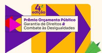 Identidade visual do IV Prêmio Orçamento Público, Garantia de Direitos e Combate às Desigualdades. Há predominância das cores amarela e roxa, com detalhes em rosa, vermelho e verde - neste caso, em um aviãozinho de papel. O fundo tem tonalidade ocre.