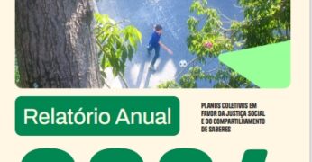 Header do Relatório Anual 2024 da Fundação Tide Setubal. Aparece, de modo estilizado, uma foto do Jardim Lapena na qual é possível ver, à esquerda, a linha do trem que passa pelo bairro e, à direita, uma criança brincando - a imagem é dividida por uma árvore. Aparece também a frase "Planos coletivos em favor  da justiça social e do compartilhamento de saberes".