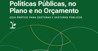 A imagem é a capa do guia 'Transversalidade de Meio Ambiente nas Políticas Públicas, no Plano e no Orçamento - Guia prático para gestoras e gestores públicos'. A arte tem predominância da cor verde e um ícone que representa uma planta e detalhes gráficos com linhas parcialmente esféricas e multicoloridas.