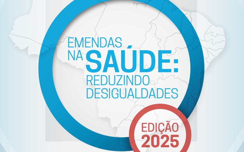 Trecho da capa da edição 2025 da pesquisa Emendas na Saúde: reduzindo desigualdades. A imagem contém o título da publicação, tem predominância de tonalidade azul-clara e detalhes - esferas - e fontes nas cores azul e vermelho.