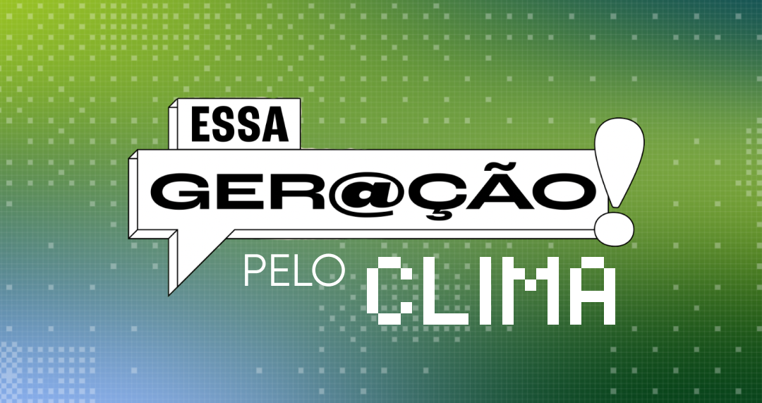 Identidade visual do podcast 'Essa Geração pelo Clima'. A imagem contém o logo do podcast - alvinegro e com predominância da cor branca - e fundo com predominância verde, mas com degradê azul nas extremidades superior direita e inferior esquerda.