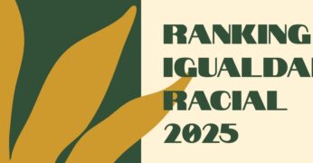 Imagem de divulgação do Ranking Igualdade Racial 2025. A seção direita tem fundo verde e a silhueta de uma folha em tonalidade ocre. Já à direita, o título da pesquisa aparece em verde, sobre um fundo na cor rosa - em tonalidade clara.
