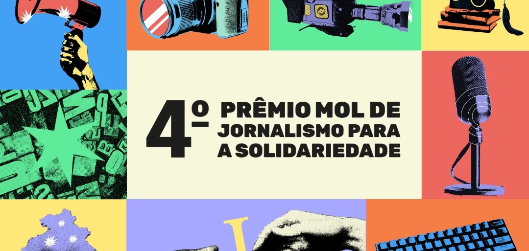 Identidade visual do 4º Prêmio MOL de Jornalismo para a Solidariedade. O nome da premiação está ao centro da imagem, que é composta também por ilustrações coloridas de câmeras, gravadores, microfones, entre outros elementos relativos ao jornalismo.