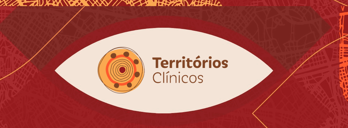 Identidade visual do Matchfunding Territórios Clínicos. A imagem mostra o logo do projeto Territórios Clínicos dentro de um espaço cujo formato remete a um olho. A parte que circunda essa seção tem uma série de elementos gráficos sobre fundo que tem predominância da cor grená.