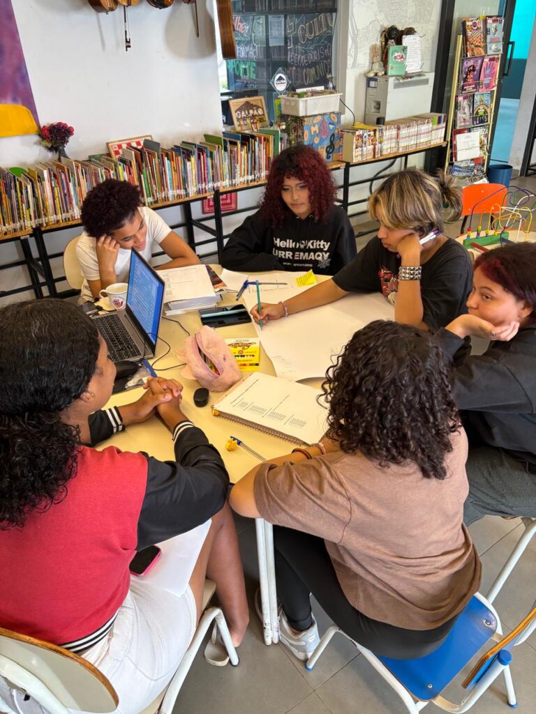 A imagem mostra adolescentes sentadas e sentados ao redor de uma mesa. As pessoas do grupo fazem anotações em cadernos, cartolinas e usando um notebook. O grupo está no Ponto de Leitura do Jardim Lapena - há uma estante com livros ao fundo.