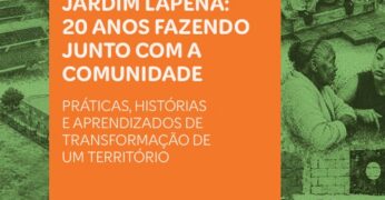Imagem da publicação 'Galpão ZL, Jardim Lapena: 20 anos fazendo junto com a comunidade — Práticas, histórias e aprendizados de transformação do território'. A capa mostra uma faixa central na cor laranja com o título. Há, nas bordas, fotos da história do Galpão ZL sobre as quais há um filtro na cor verde.