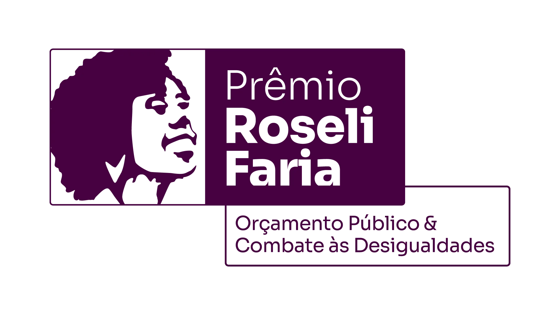 Logo do Prêmio Roseli Faria - Orçamento Público & Combate às Desigualdades. A imagem contém, à esquerda, a foto estilizada de Roseli Faria. Aparece, dentro de uma caixa roxa, o nome do prêmio, enquanto o subtítulo - "Orçamento público & Combate às Desigualdades" aparece em uma caixa abaixo, na cor branca. A arte ilustra o texto sobre os projetos selecionados no Prêmio Roseli Faria
