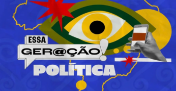 Imagem da identidade visual da nona temporada do podcast 'Essa Geração'. A arte tem predominância da cor azul e contém elementos que remetem a um olho e demais detalhes gráficos sobre o mapa do Brasil e o logo do podcast.