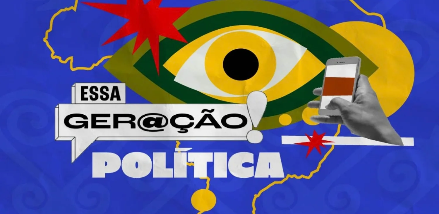 Imagem da identidade visual da nona temporada do podcast 'Essa Geração'. A arte tem predominância da cor azul e contém elementos que remetem a um olho e demais detalhes gráficos sobre o mapa do Brasil e o logo do podcast.
