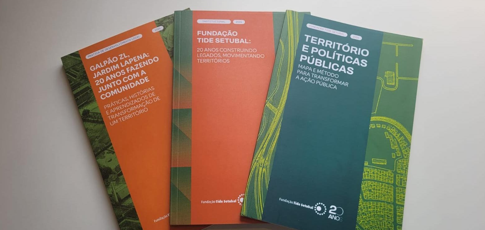 Foto com as capas das publicações "Galpão ZL, Jardim Lapena: 20 anos fazendo junto com a comunidade – Práticas, histórias e aprendizados de transformação e do desenvolvimento do território"; "Fundação Tide Setubal: 20 anos construindo legados, movimentando territórios"; e "Território e Políticas Públicas: Mapa e método para transformar a ação pública".